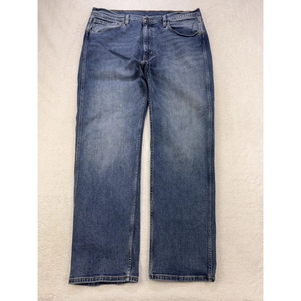 Levis Workwear Fit Jeans Men 38x32  Blue Straight Whisker Distress Stretch Denim